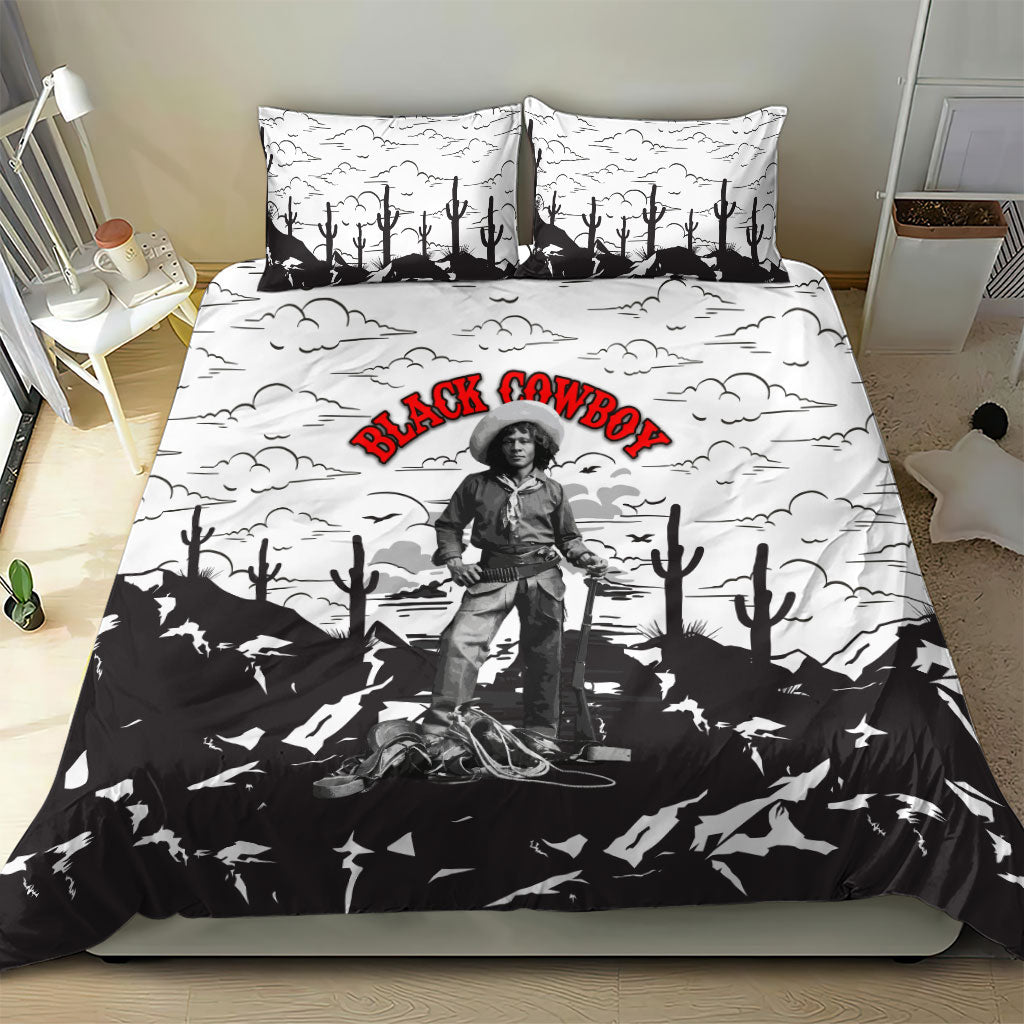 Black Cowboy Nat Love Bedding Set Comic Style Desert Line Art Red Typography