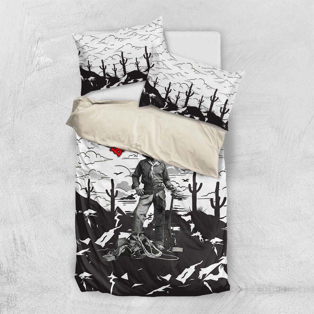 Black Cowboy Nat Love Bedding Set Comic Style Desert Line Art Red Typography