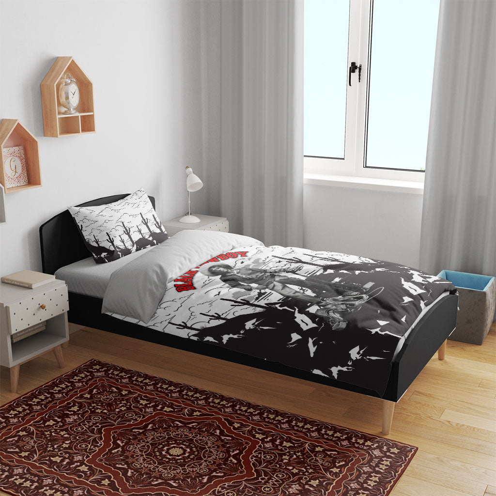 Black Cowboy Nat Love Bedding Set Comic Style Desert Line Art Red Typography