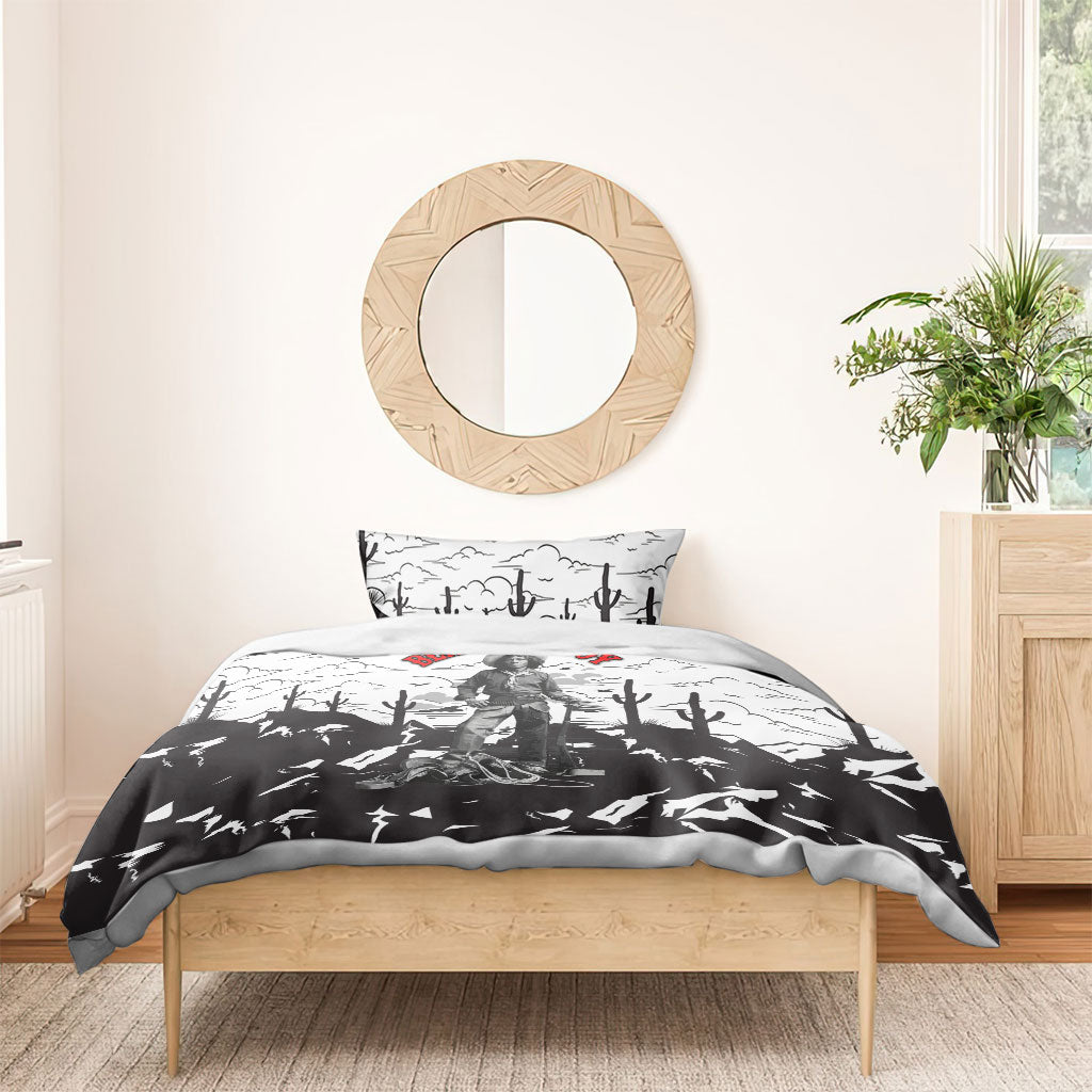Black Cowboy Nat Love Bedding Set Comic Style Desert Line Art Red Typography