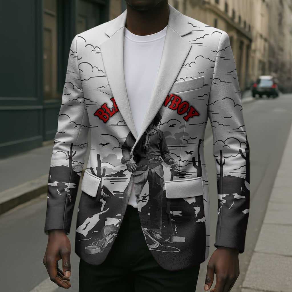 Black Cowboy Nat Love Blazer Comic Style Desert Line Art Red Typography