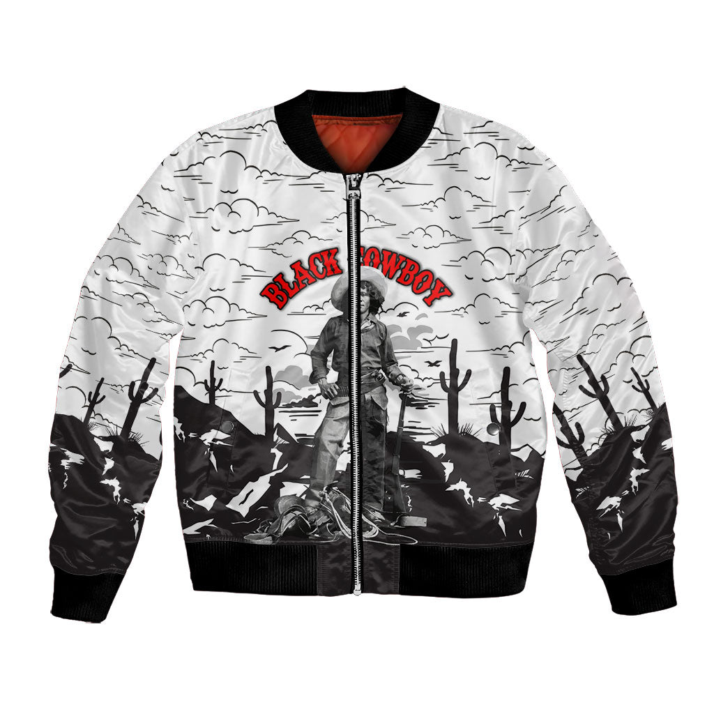 Black Cowboy Nat Love Bomber Jacket Comic Style Desert Line Art Red Typography