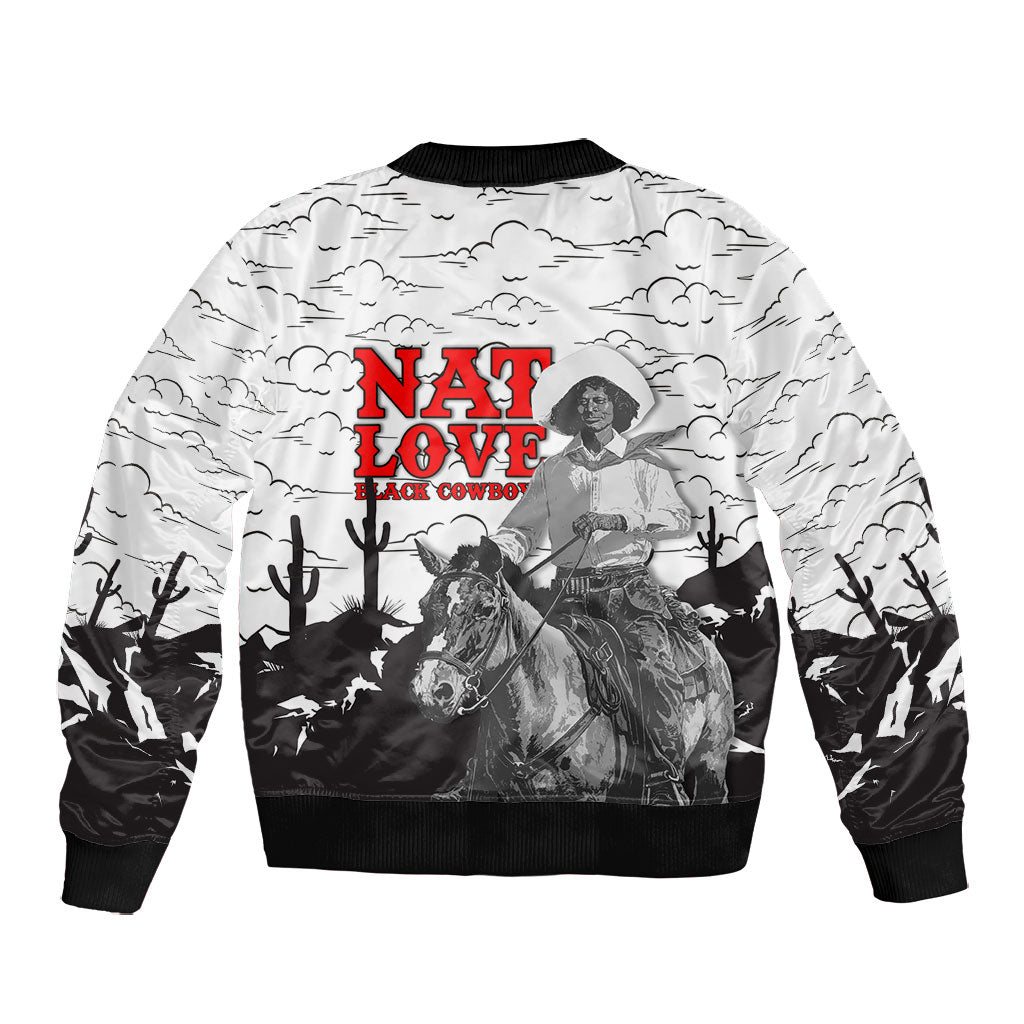 Black Cowboy Nat Love Bomber Jacket Comic Style Desert Line Art Red Typography