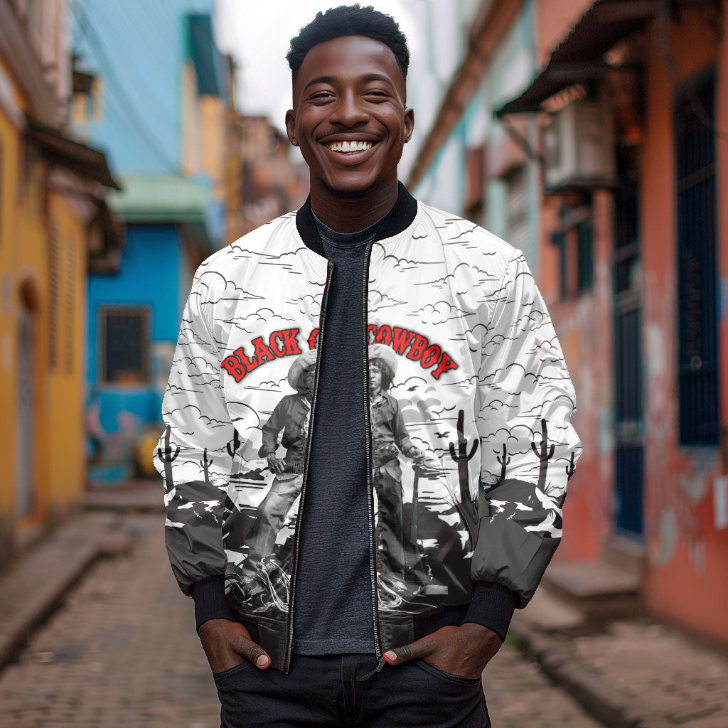 Black Cowboy Nat Love Bomber Jacket Comic Style Desert Line Art Red Typography