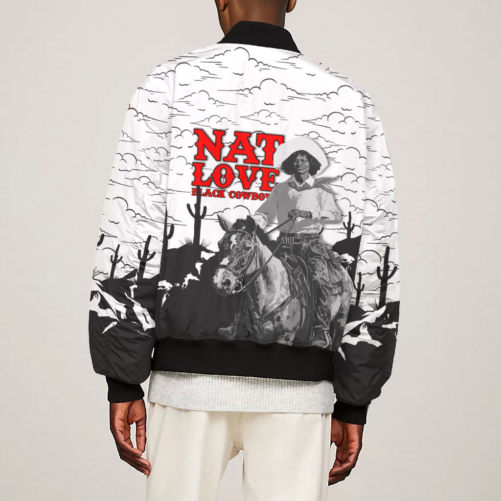Black Cowboy Nat Love Bomber Jacket Comic Style Desert Line Art Red Typography