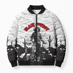Black Cowboy Nat Love Bomber Puffer Jacket Comic Style Desert Line Art Red Typography