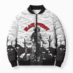 Black Cowboy Nat Love Bomber Puffer Jacket Comic Style Desert Line Art Red Typography