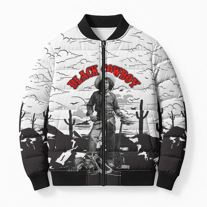 Black Cowboy Nat Love Bomber Puffer Jacket Comic Style Desert Line Art Red Typography