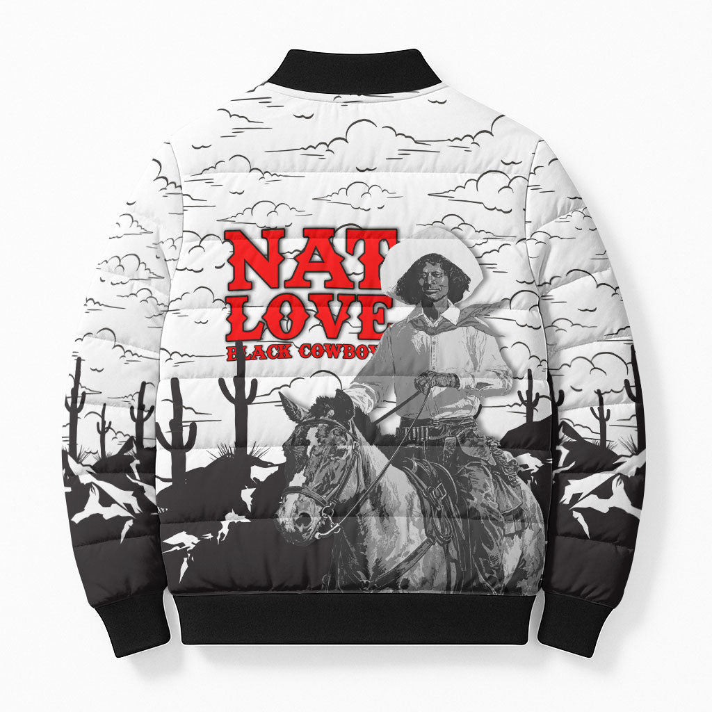 Black Cowboy Nat Love Bomber Puffer Jacket Comic Style Desert Line Art Red Typography
