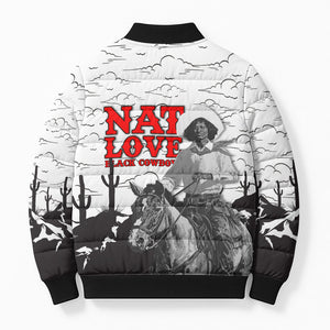 Black Cowboy Nat Love Bomber Puffer Jacket Comic Style Desert Line Art Red Typography