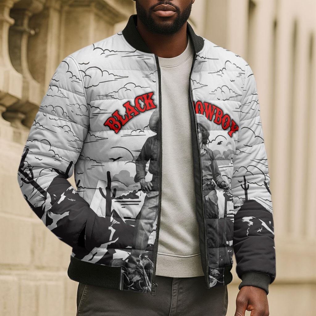 Black Cowboy Nat Love Bomber Puffer Jacket Comic Style Desert Line Art Red Typography