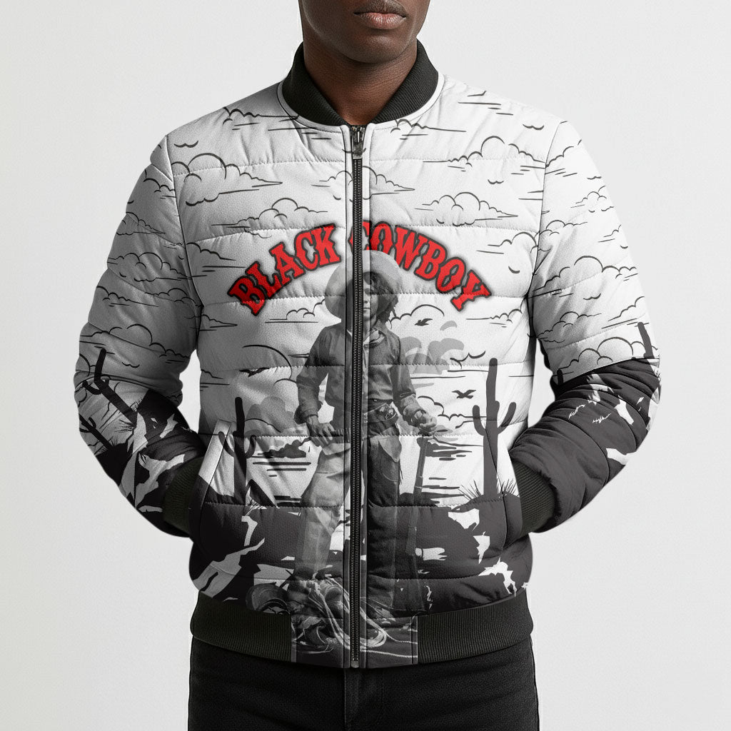 Black Cowboy Nat Love Bomber Puffer Jacket Comic Style Desert Line Art Red Typography