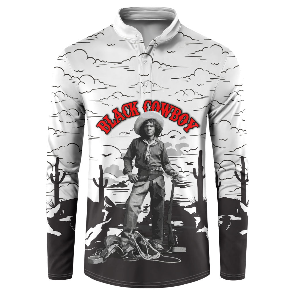 Black Cowboy Nat Love Button Sweatshirt Comic Style Desert Line Art Red Typography