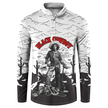 Black Cowboy Nat Love Button Sweatshirt Comic Style Desert Line Art Red Typography