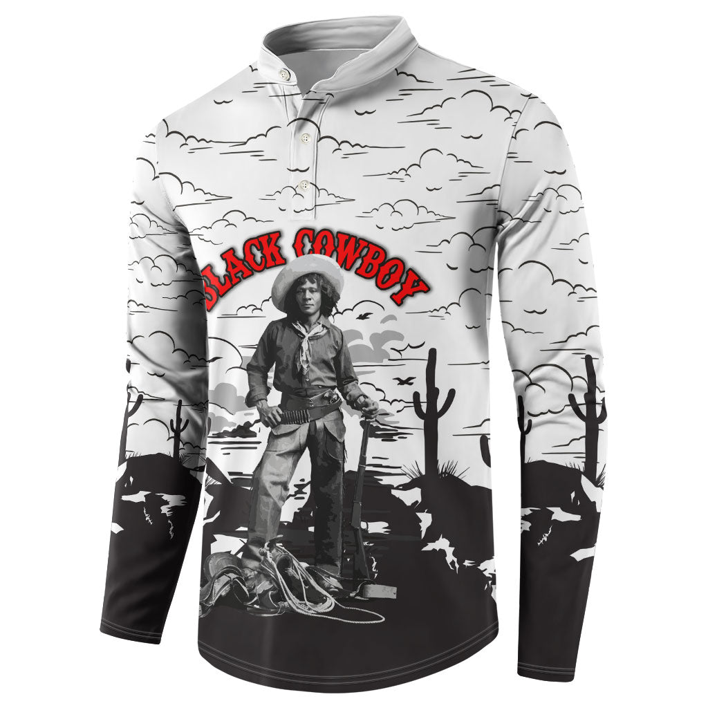Black Cowboy Nat Love Button Sweatshirt Comic Style Desert Line Art Red Typography