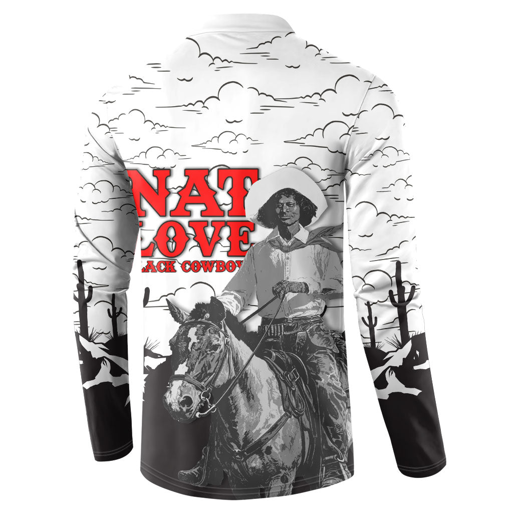 Black Cowboy Nat Love Button Sweatshirt Comic Style Desert Line Art Red Typography