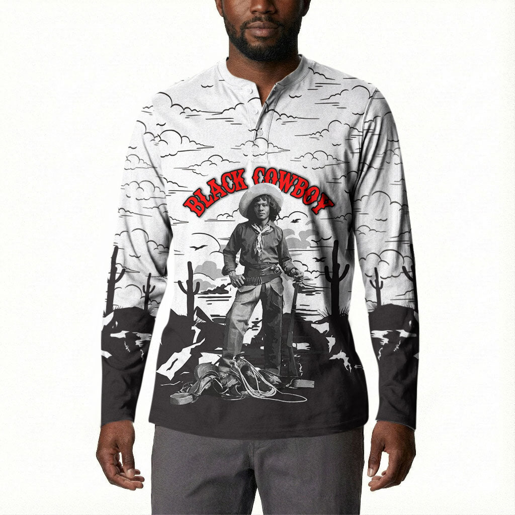 Black Cowboy Nat Love Button Sweatshirt Comic Style Desert Line Art Red Typography