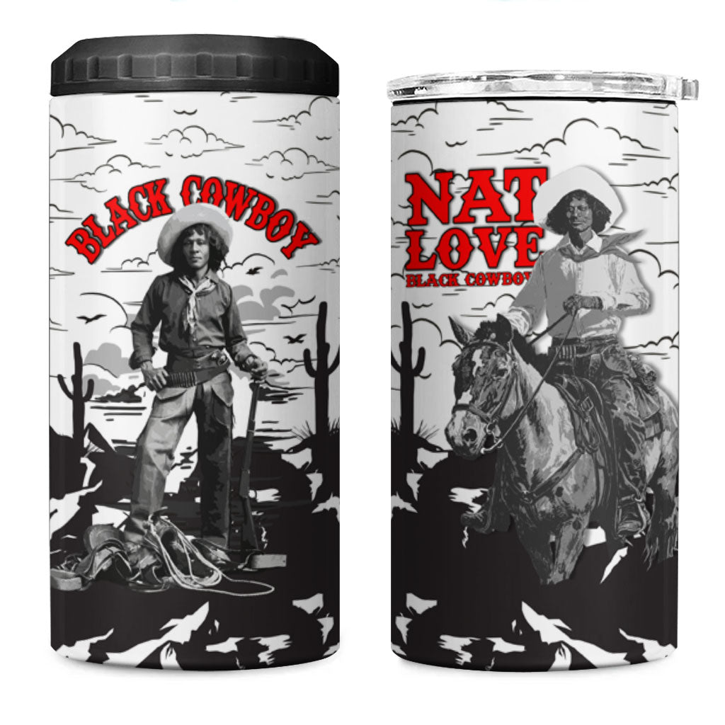 Black Cowboy Nat Love 4 in 1 Can Cooler Tumbler Comic Style Desert Line Art Red Typography