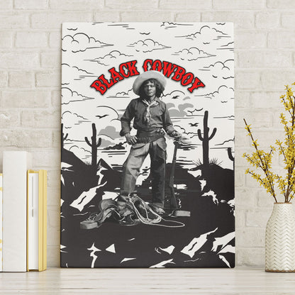 Black Cowboy Nat Love Canvas Wall Art Comic Style Desert Line Art Red Typography