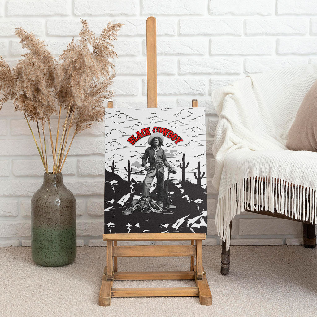 Black Cowboy Nat Love Canvas Wall Art Comic Style Desert Line Art Red Typography