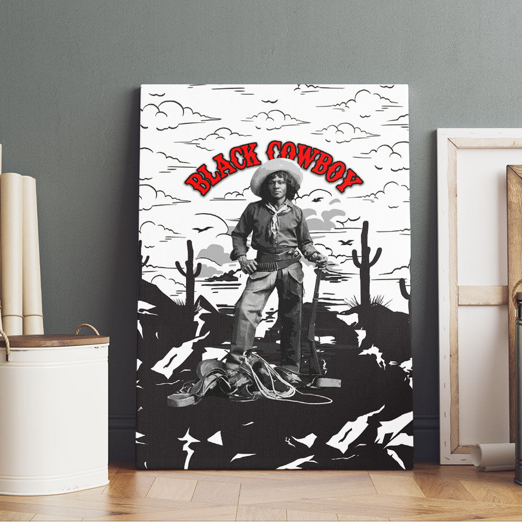 Black Cowboy Nat Love Canvas Wall Art Comic Style Desert Line Art Red Typography