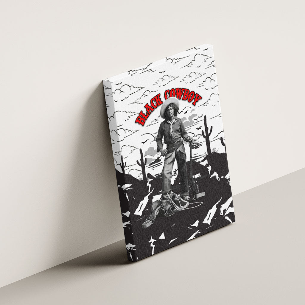 Black Cowboy Nat Love Canvas Wall Art Comic Style Desert Line Art Red Typography
