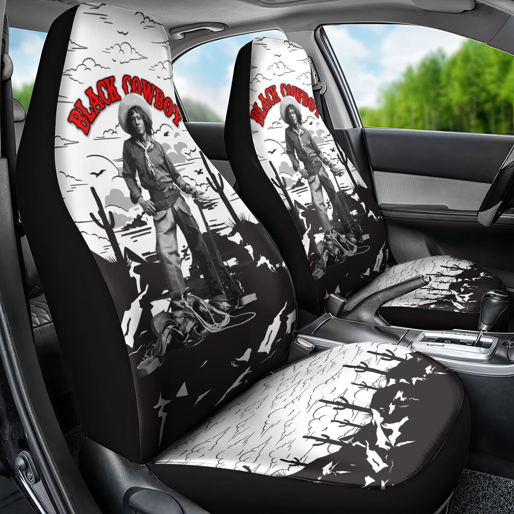 Black Cowboy Nat Love Car Seat Cover Comic Style Desert Line Art Red Typography