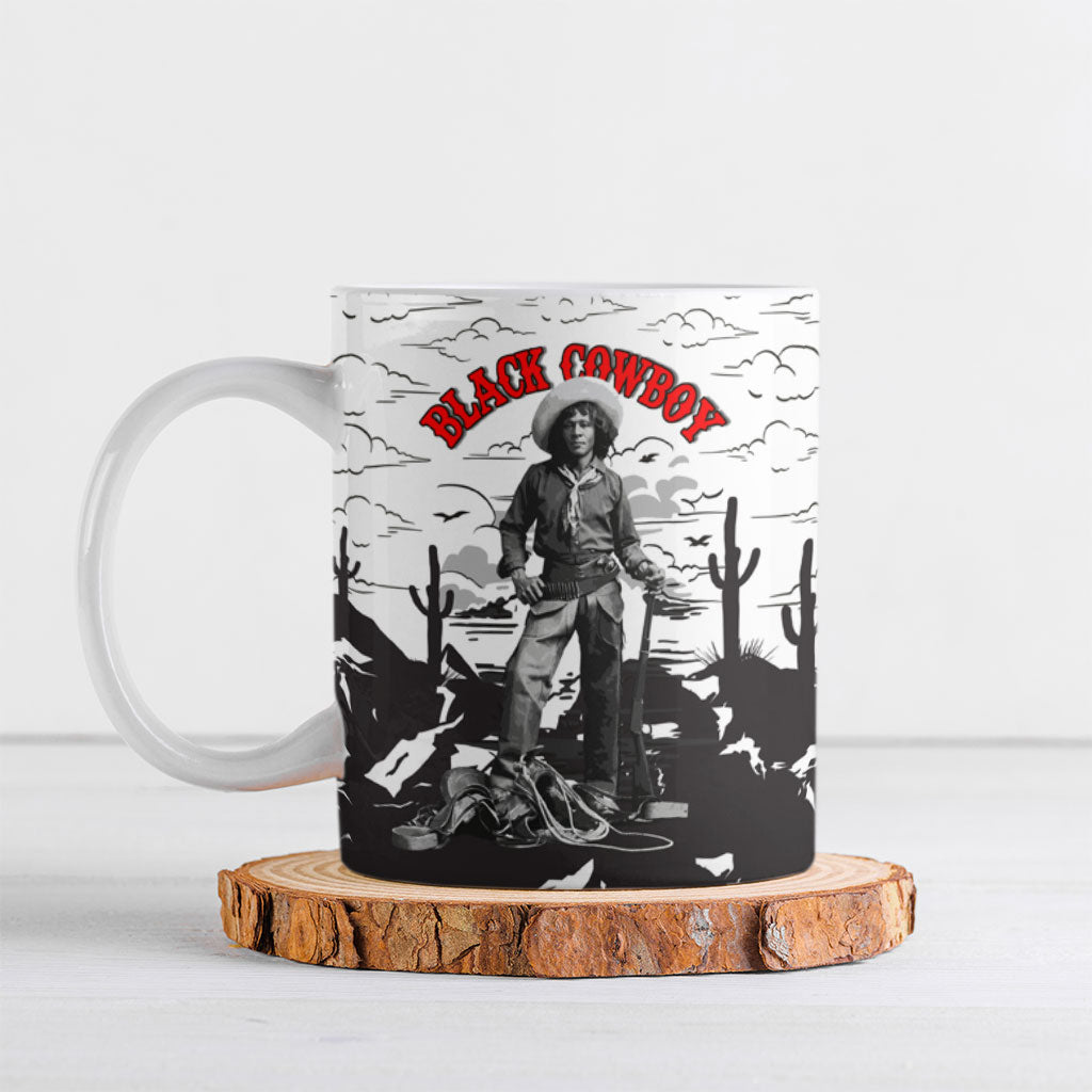 Black Cowboy Nat Love Ceramic Mug Comic Style Desert Line Art Red Typography