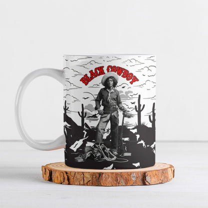 Black Cowboy Nat Love Ceramic Mug Comic Style Desert Line Art Red Typography