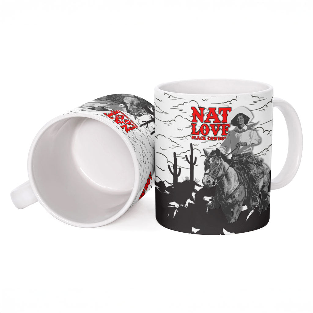 Black Cowboy Nat Love Ceramic Mug Comic Style Desert Line Art Red Typography