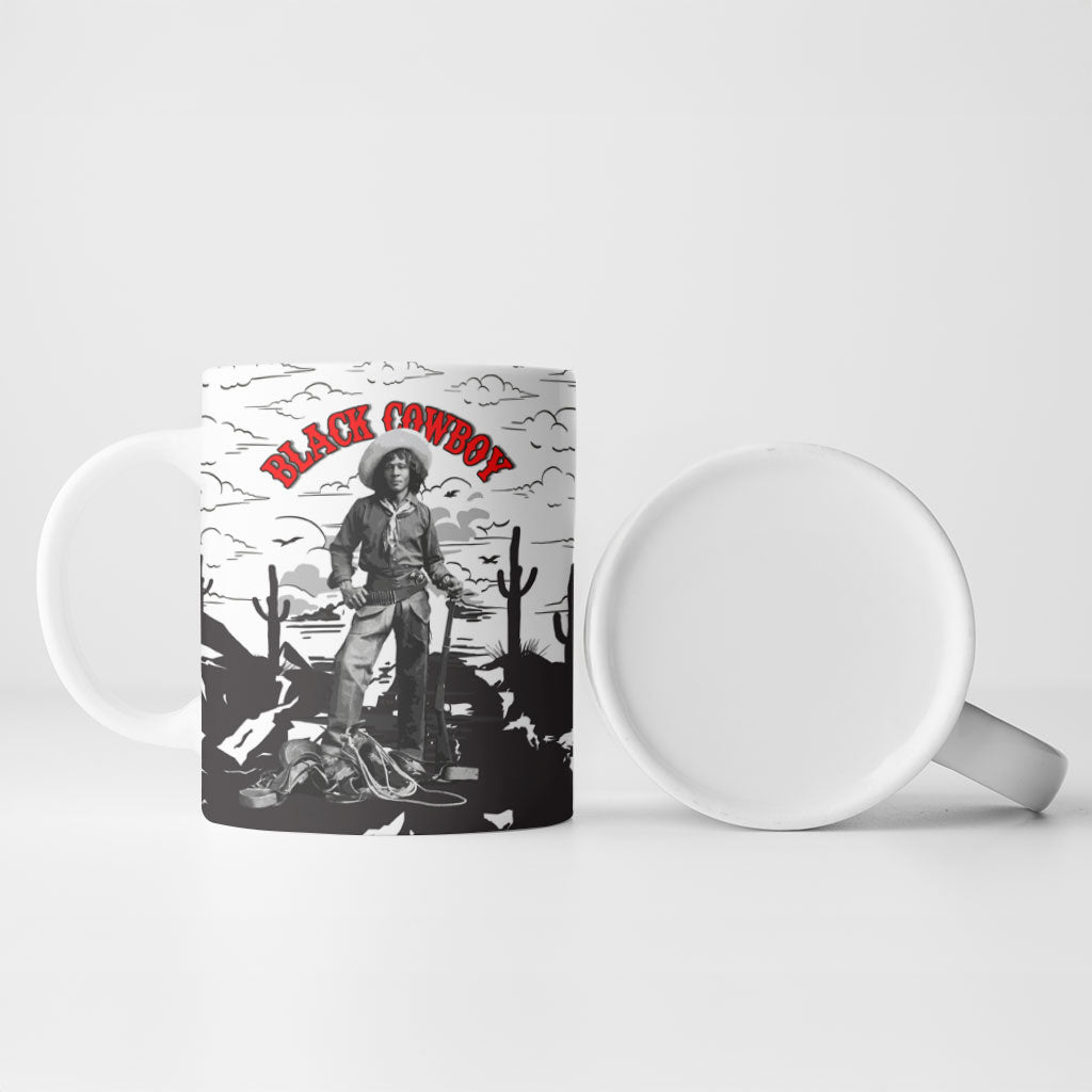 Black Cowboy Nat Love Ceramic Mug Comic Style Desert Line Art Red Typography