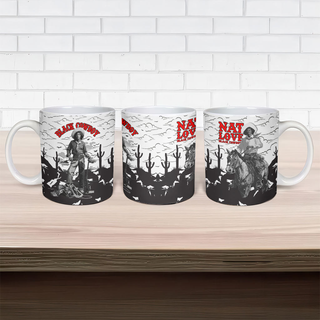 Black Cowboy Nat Love Ceramic Mug Comic Style Desert Line Art Red Typography