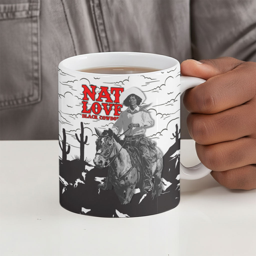 Black Cowboy Nat Love Ceramic Mug Comic Style Desert Line Art Red Typography