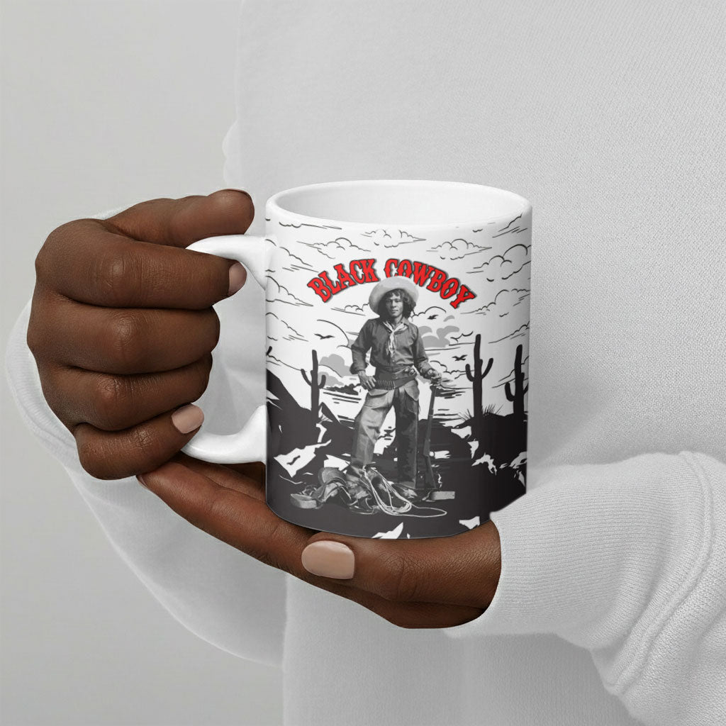 Black Cowboy Nat Love Ceramic Mug Comic Style Desert Line Art Red Typography