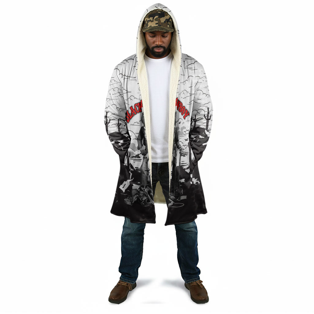 Black Cowboy Nat Love Cloak Comic Style Desert Line Art Red Typography