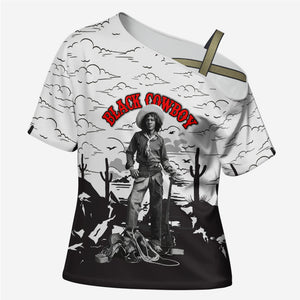 Black Cowboy Nat Love Cross Shoulder Shirt Comic Style Desert Line Art Red Typography