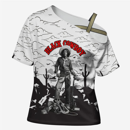 Black Cowboy Nat Love Cross Shoulder Shirt Comic Style Desert Line Art Red Typography