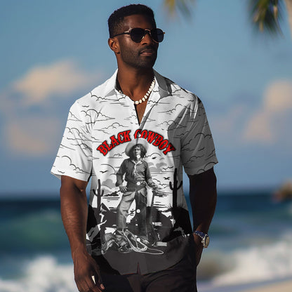 Black Cowboy Nat Love Hawaiian Shirt Comic Style Desert Line Art Red Typography