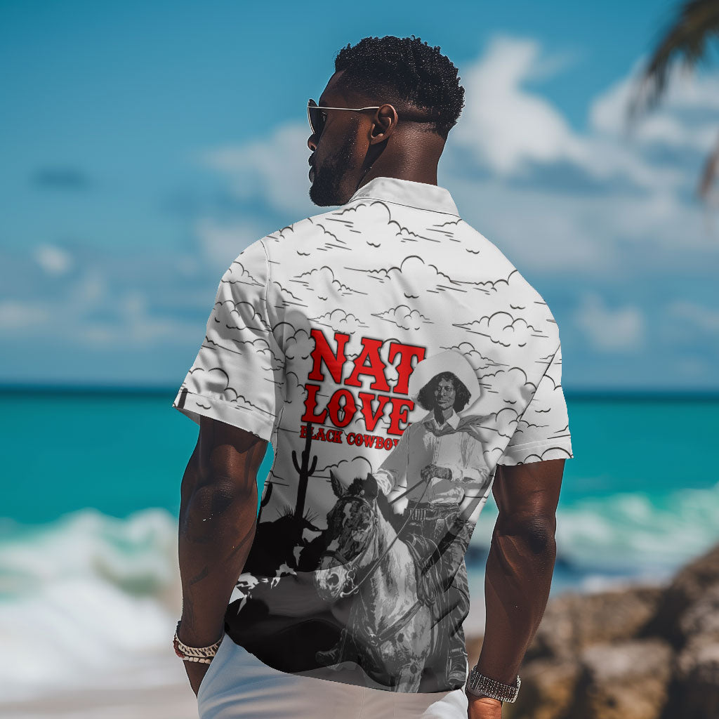 Black Cowboy Nat Love Hawaiian Shirt Comic Style Desert Line Art Red Typography