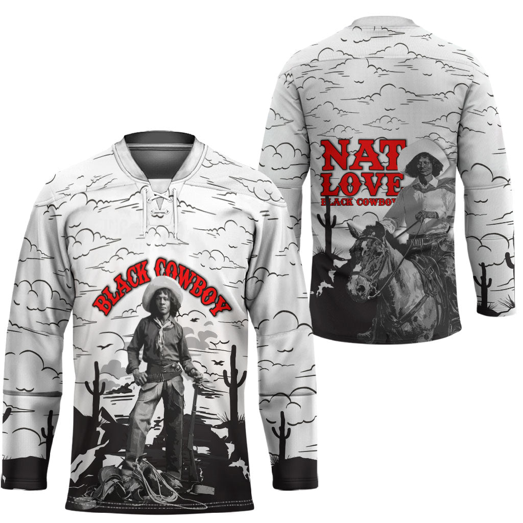 Black Cowboy Nat Love Hockey Jersey Comic Style Desert Line Art Red Typography