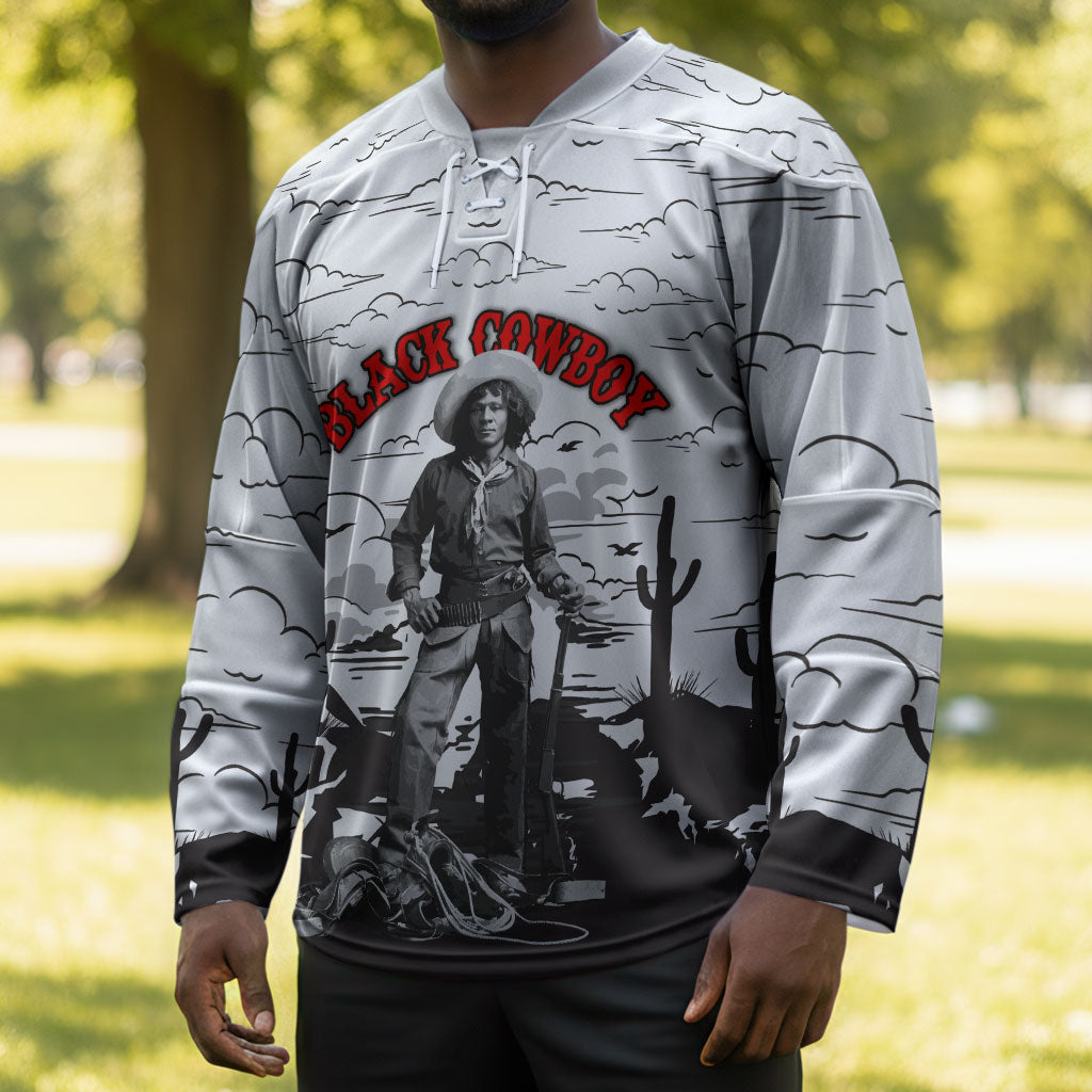Black Cowboy Nat Love Hockey Jersey Comic Style Desert Line Art Red Typography