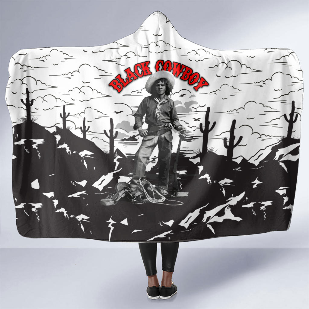 Black Cowboy Nat Love Hooded Blanket Comic Style Desert Line Art Red Typography