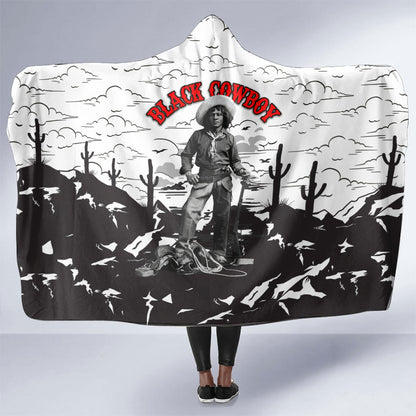 Black Cowboy Nat Love Hooded Blanket Comic Style Desert Line Art Red Typography