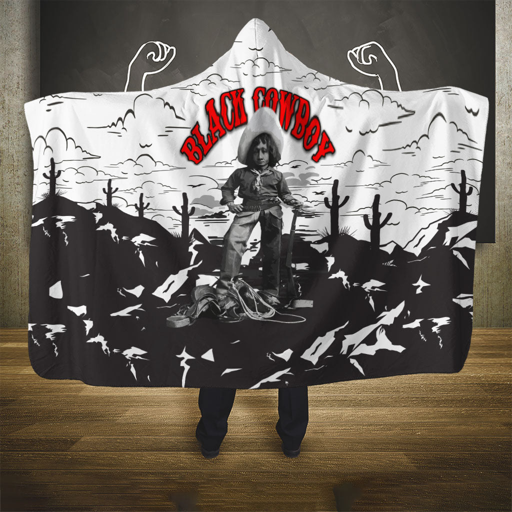 Black Cowboy Nat Love Hooded Blanket Comic Style Desert Line Art Red Typography