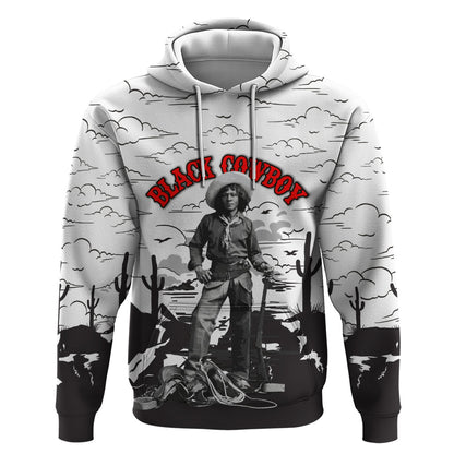 Black Cowboy Nat Love Hoodie Comic Style Desert Line Art Red Typography