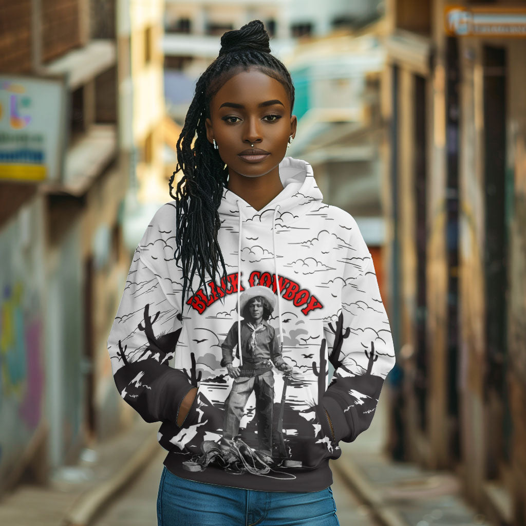 Black Cowboy Nat Love Hoodie Comic Style Desert Line Art Red Typography