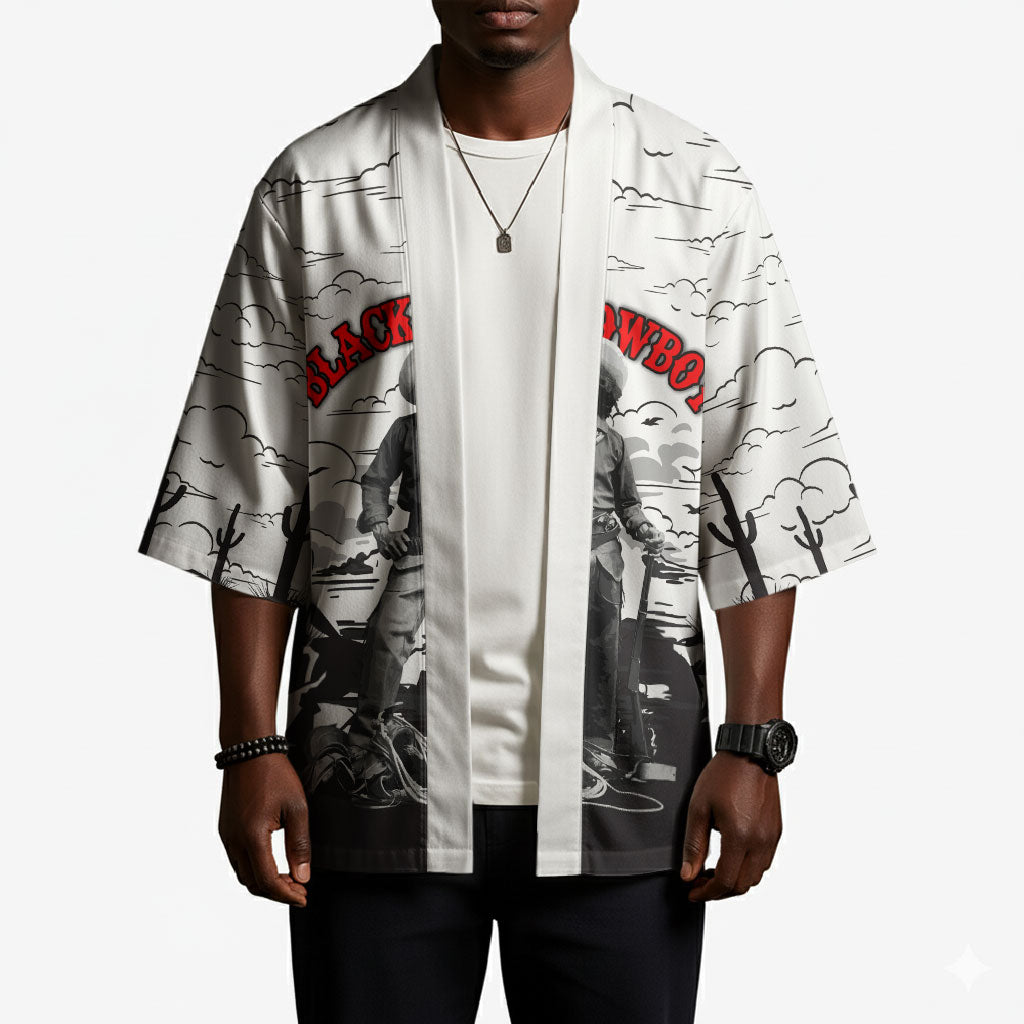 Black Cowboy Nat Love Kimono Comic Style Desert Line Art Red Typography