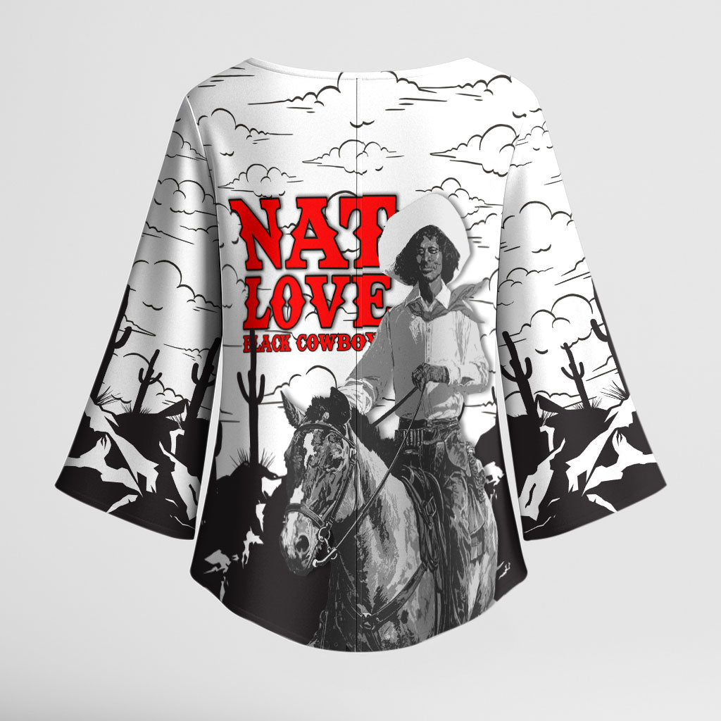 Black Cowboy Nat Love Kimono Sleeve Blouse Comic Style Desert Line Art Red Typography