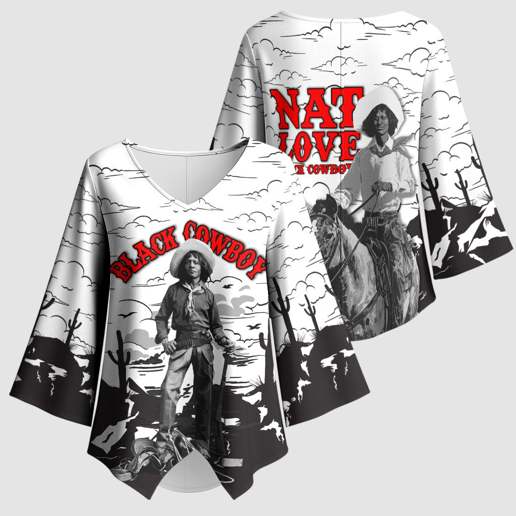 Black Cowboy Nat Love Kimono Sleeve Blouse Comic Style Desert Line Art Red Typography