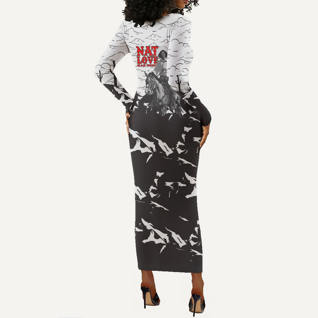 Black Cowboy Nat Love Long Sleeve Bodycon Dress Comic Style Desert Line Art Red Typography